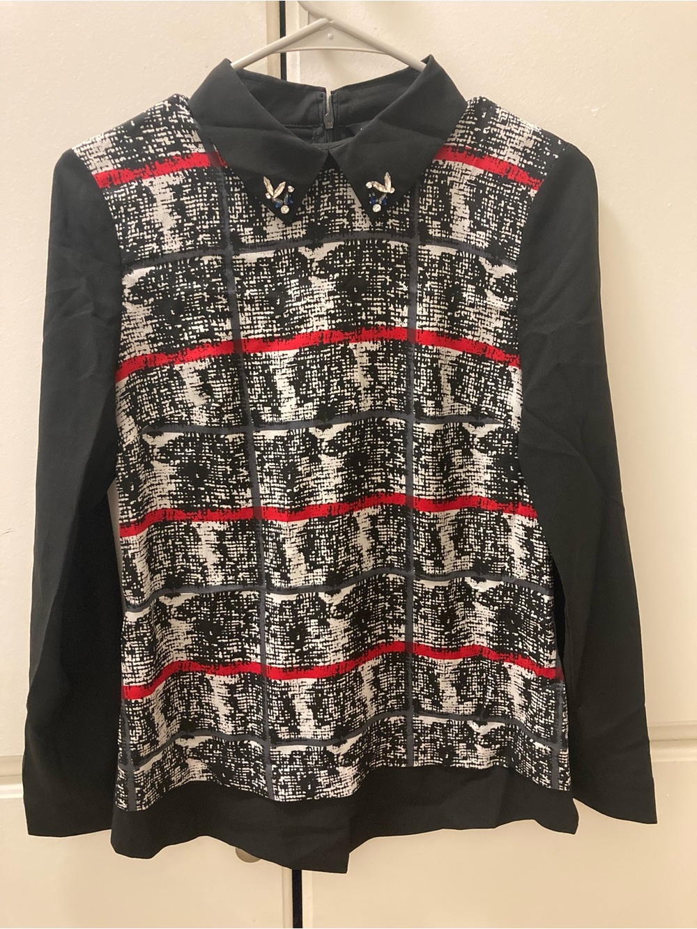 Embellished Collar Black & White Patterned Long-Sleeve Top with Red Stripe